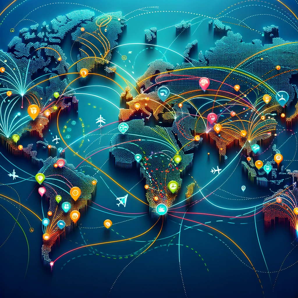 DALL·E 2023-12-30 16.01.04 - An image of a world map with multiple colorful and dotted travel routes, representing the global connections and diverse destinations offered by the M